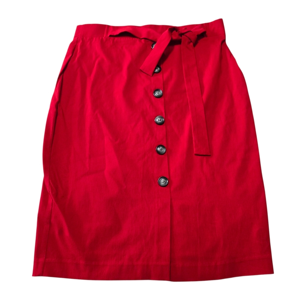 Meg and Margot Red Pencil Skirt Large Belted Button Down with Black buttons